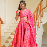 Bright Pink Brocade Silk Bandhani Printed Lehenga Set