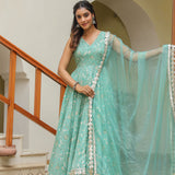 Mint Green Cotton Printed Floral Anarkali Set