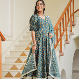 Teal Blue Cotton Printed Anarkali Set