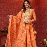 Sunshade Orange Organza Floral Printed Lehenga Set