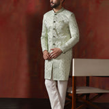 Pastel Green Cotton Blend Embroidered Sherwani Set