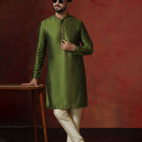 Military Green Solid Dupion Kurta Set