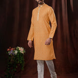 Orange Art Silk Kurta Set With Embroidery Work