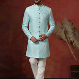Sky Blue Cotton Blend Printed Sherwani Set