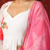 White Chanderi Floral Printed Anarkali Set