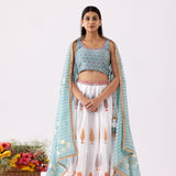 Foil Print Aqua Blue Chanderi Lehenga Set