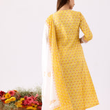Block Print Cotton Yellow Anarkali With Palazzo Set