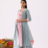 Block Print Cotton Aqua Blue Anarkali With Palazzo Set