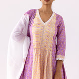 Block Print Cotton Lilac Anarkali With Palazzo Set