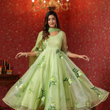 Soft Green Organza Floral Printed Anarkali Set