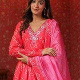 Bright Pink Chanderi Bandhani Printed Anarkali Set