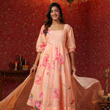 Peach Chanderi Floral Printed Anarkali Set