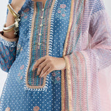 Blue Cotton Silk Ethnic Suit Set With Subtle Floral Design