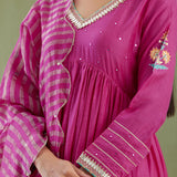 Dark Pink Cotton Silk Anarkali Suit Set With Floral Design