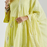 Lime Green Kurti Set With Silver Floral Design