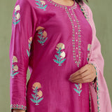 Dark Pink Floral Foil Printed Beautiful Cotton Silk Kurti Set With Gharara Pants