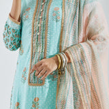 Light Blue Cotton Silk Ethnic Suit Set With Subtle Floral Design