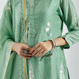 Light Mint Green Kurti Set With Silver Floral Design