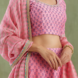 Floral Printed Pink Chanderi Lehenga Set