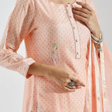 Printed Light Pink Kurti Set With Silver Floral Design