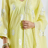 Printed Lime Green Kurti Set With Silver Floral Design