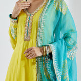 Lemon Yellow Anarkali Set With Gold And Silver Print