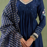 Dark Blue Cotton Silk Anarkali Suit Set With Floral Design
