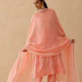 Peach Russian Silk Embroidered Kurti Set