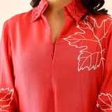 Coral Red Russian Silk Embroidered Kurti Set