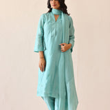 Aqua Blue Russian Silk Subtle Embroidered Kurti Set