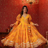 Saffron Yellow Organza Floral Printed Anarkali Set