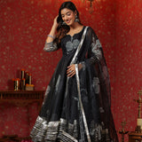 Rich Black Organza Floral Printed Anarkali Set