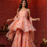 Salmon Pink Organza Floral Sharara Set