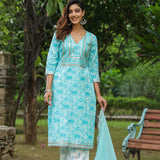 Ice Blue Cotton Floral Printed Kurti Set