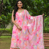 Multicolour Pink Georgette Floral Embroidered Kurti Set