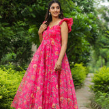 French Rose Pink Organza Floral Printed Gown