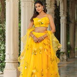 Sunflower Yellow Organza Floral Lehenga Set