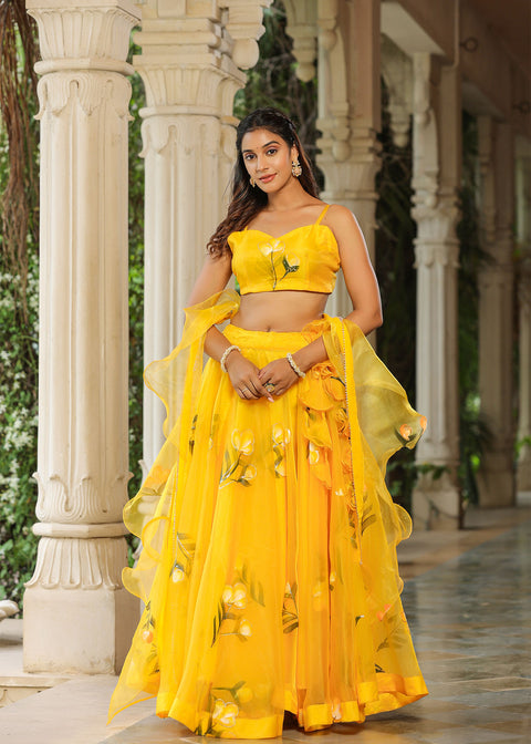 <img> Sunflower Yellow Organza Floral Lehenga Set