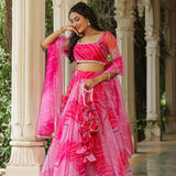 French Rose Organza Bandhani Printed Lehenga Set