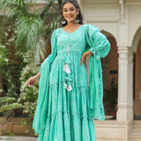 Mint Blue Silk Bandhani Printed Anarkali Set
