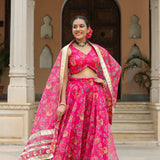 Bright Pink Organza Floral Printed Lehenga Set