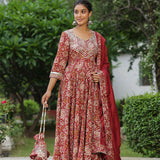 Mexican Red Cotton Floral Printed Anarkali Set