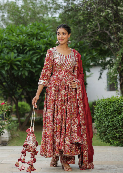 <img> Mexican Red Cotton Floral Printed Anarkali Set