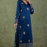 Dark Blue Floral Foil Print Straight Kurta Set