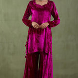 Dark Pink Velvet Short Kurta And Sharara With Shawl Set
