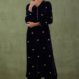 Embroidered Dark Blue Velvet Straight Kurta Set With Dupatta