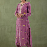 Embroidered Lilac Straight Kurta And Pant With Banarashi Strip Dupatta