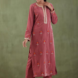 Embroidered Rose Pink Straight Kurta And Pant With Banarasi Strip Dupatta