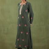 Embroidered Dark Olive Green Straight Kurta And Pant With Banarasi Strip Dupatta