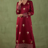Floral Foil Print Dark Maroon Straight Kurta Set With Velvet Dupatta
